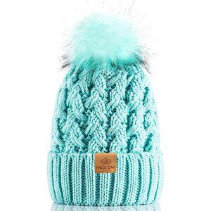 Women’s Mint Winter Ribbed Beanie Hat Chunky Cable Knit Pompom Warm